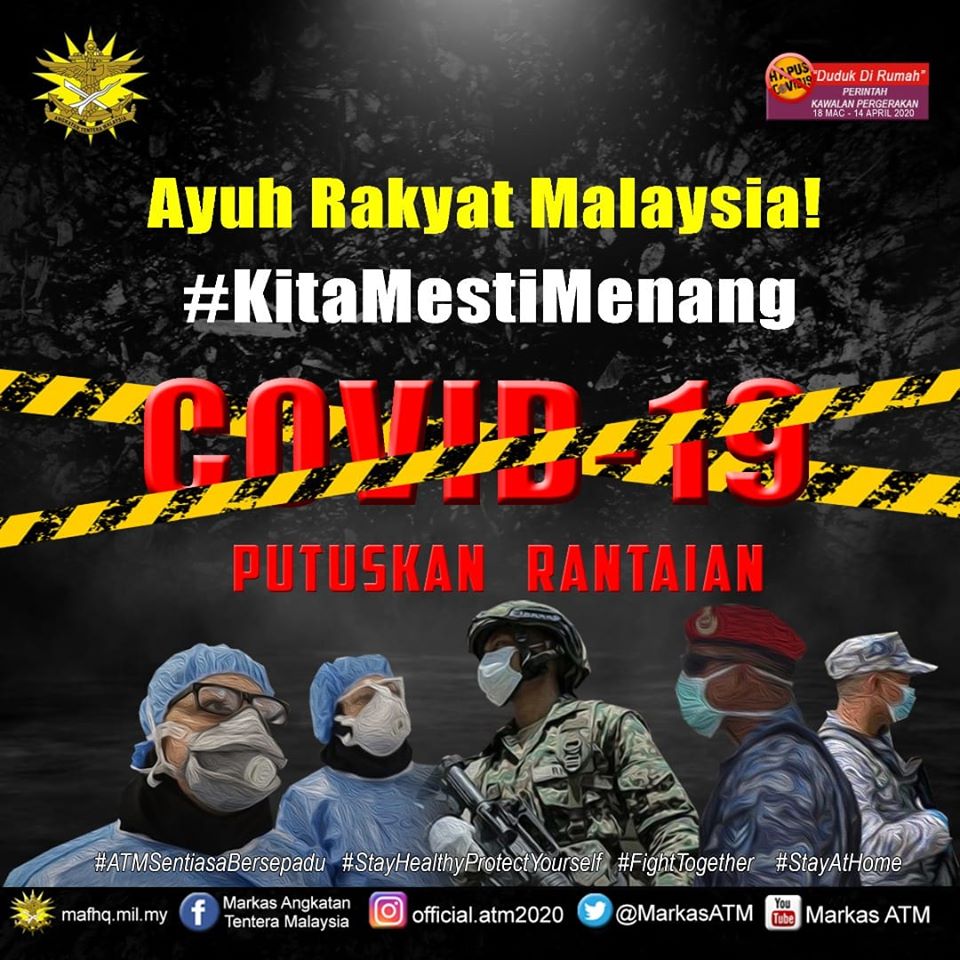 AYUH RAKYAT MALAYSIA! KITA MESTI Menang!

Marilah Kita Putuskan Rantaian COVID-19 Ini Bersama!

Sumber:<a href="/MarkasATM/">Angkatan Tentera Malaysia</a>

<a href="/jpmgov_/">Jabatan Perdana Menteri</a> 
<a href="/JPenerangan/">Jabatan Penerangan Malaysia ❤️🇲🇾</a> 
<a href="/KKMPutrajaya/">KKMalaysia🇲🇾🩺❤️</a> 
<a href="/KDNPUTRAJAYA/">KDN🇲🇾</a> 
@kkmm_gov