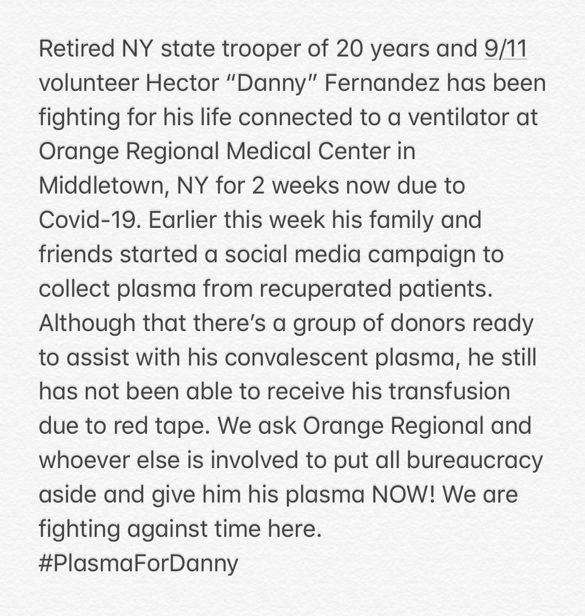 mariposamorel_'s tweet image. @ormc Please put all bureaucracy aside &amp;amp; give retired NY State Tropper Fernandez his convalescent plasma transfusion NOW! He served the state of NY for over 20 years. #plasmafordanny @RedCross @redcrossny @NYGovCuomo @SenSchumer  @SenGillibrand @RepSeanMaloney @senatorlarkin