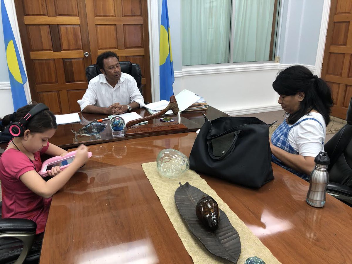 carreondet's tweet photo. Bring your daughter to work kinda day when you need to do a one -on -one interview with the Palau president . #palau #COVID19 https://t.co/MaVHstmIho