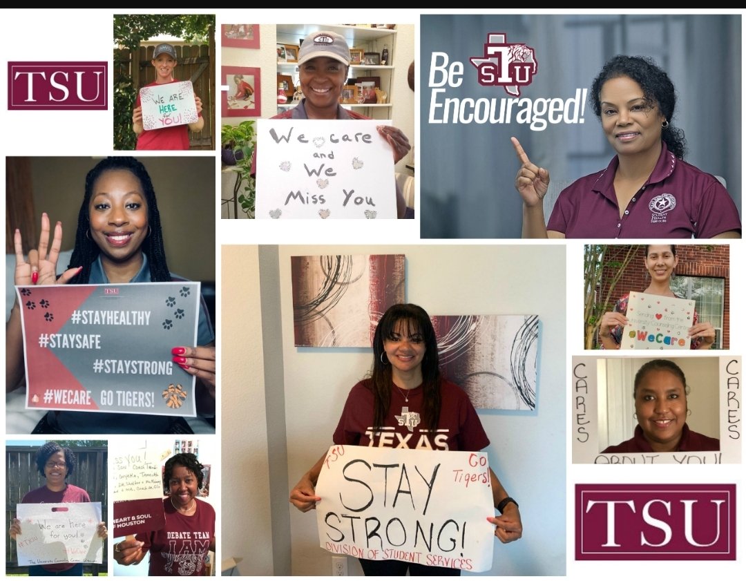 txsudossem's tweet photo. The Division of Student Services @texassouthern wants you to know we are here for you & we want you to #staysafe, #staymotivated , #stayhealthy & stay #TSUStrong! We miss our Tigers & we will get through this!
#TxSU #txsu22 #txsu21 #txsu20 #txsu23 #txsu24 #studentservices #covid https://t.co/2mNxHLmcPc