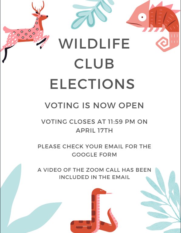 UNLwildlifeclub's tweet photo. Voting for next year’s officers are now open! Voting will close at 11:59 pm on April 17th. Check your email for the form. We have also included a video of the zoom meeting.
#unl_casnr #casnr #unl_snr #snr #negameandparks #tws #thewildlifesociety #nebraskawildlife #fishnwild https://t.co/6hhuj70jv2
