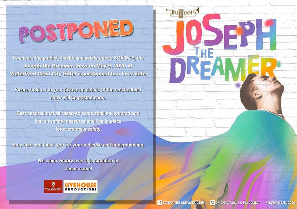 JOSEPH THE DREAMER POSTPONED

Read below the official statement of Joseph the Dreamer's management and production regarding the postponement of the said play in Waterfront Cebu.

#waterfrontcebu
#josephthedreamer