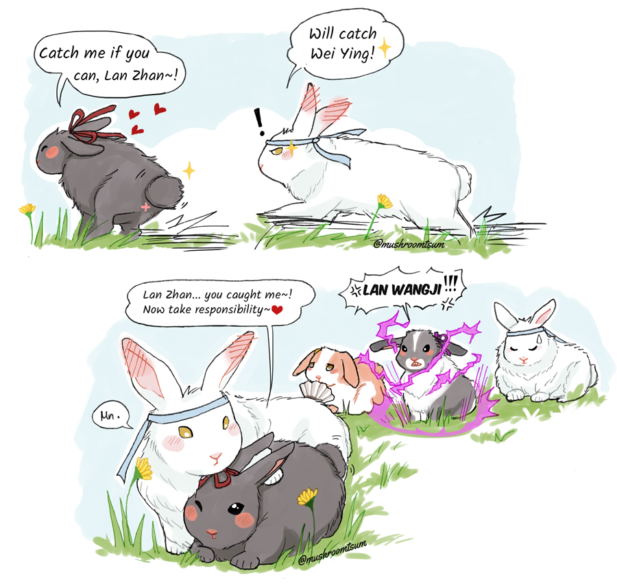 mushroomtsum's tweet image. BUNNY CULTIVATORS AU! 🐇 In which bunny! Lan Wangji chases bunny! Wei Wuxian in happily in the meadows. Pikachu! Jiang Cheng is not amused... ⚡ #wangxian
#mdzs #魔道祖师 #cql #陈情令 #theuntamed #MoDaoZuShi