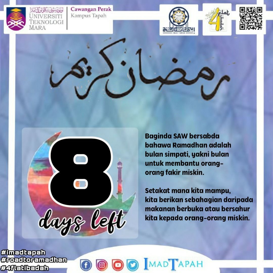 IMADTAPAH's tweet photo. π Road to Ramadhan 1441H π
8 Days Left
#menujumukminprofesional
#RoadToRamadhan π
#Tashabarnyaa! π€©
#Ramadhan4FlatIbadah π https://t.co/w6tMLvX0rk