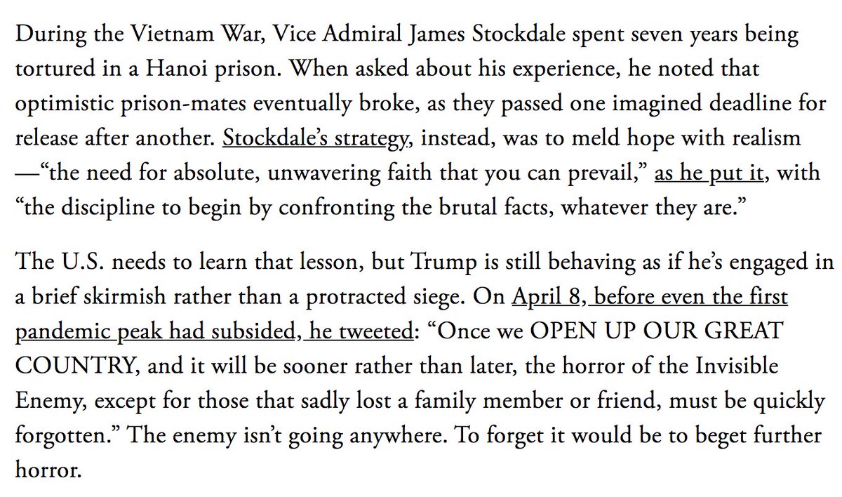 7/ Today: some musings & interesting reads. Plenty written re: next phase as we head to May. My fave: “Our Pandemic Summer”  @EdYong209  @TheAtlantic  https://bit.ly/2VuX01y  Great line  @choo_ek: “[Hospitals] don’t expect our disasters to be stuttering.” Other highlights below: