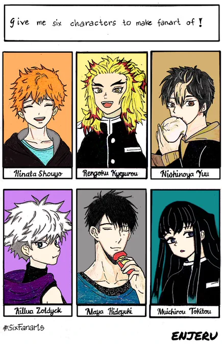 2nd entry for #SixFanarts ?
#HinataShouyo #Haikyuu
#RengokuKyojurou #KimetsuNoYaiba
#NishinoyaYuu #Haikyuu
#KilluaZoldyck #HunterxHunter
#MayaHideyuki #HidokuShinaide
#MuichirouTokitou #KimetsuNoYaiba 