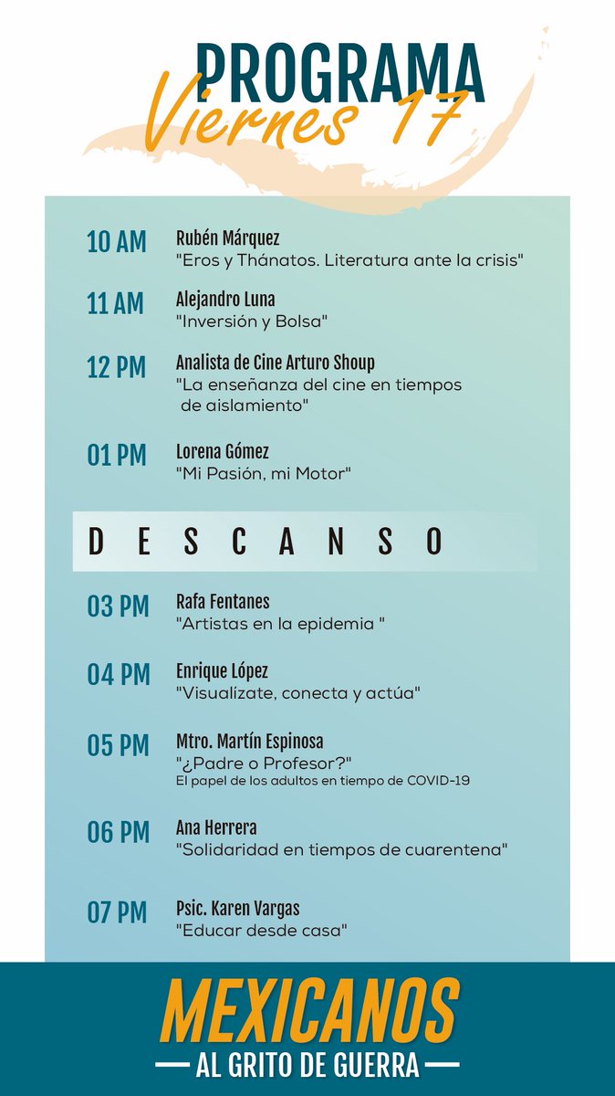 GritodeGuerra20's tweet photo. Les presentamos nuestra programación, podrán escuchar historias llenas de pasión y que buscan hacer un cambio en la sociedad. #AlGritodeGuerra #makeithappen2020 #cambiospositivos #mexicanoscreativos #MAGG #iMAGGinacion #pasionmexico https://t.co/WibCYcyirm