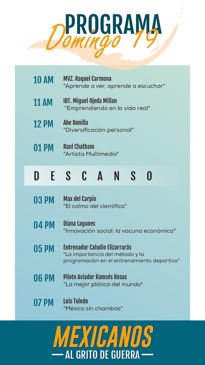 GritodeGuerra20's tweet photo. Les presentamos nuestra programación, podrán escuchar historias llenas de pasión y que buscan hacer un cambio en la sociedad. #AlGritodeGuerra #makeithappen2020 #cambiospositivos #mexicanoscreativos #MAGG #iMAGGinacion #pasionmexico https://t.co/WibCYcyirm