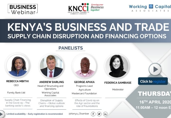 kenya_chamber's tweet photo. Join our panelist:Thursday 16th April: 11.00am-12.00 Noon EAT as they discuss-Supply Chain Disruption and Financing options in relation to #COVID19 
Register now: https://t.co/pZiLnxQlyi
@Ngatia_Richard @AngelaNdambuki @CIPEAfrica @WisefundCapital  @FamilyBankKenya https://t.co/1gtW1QEPUH