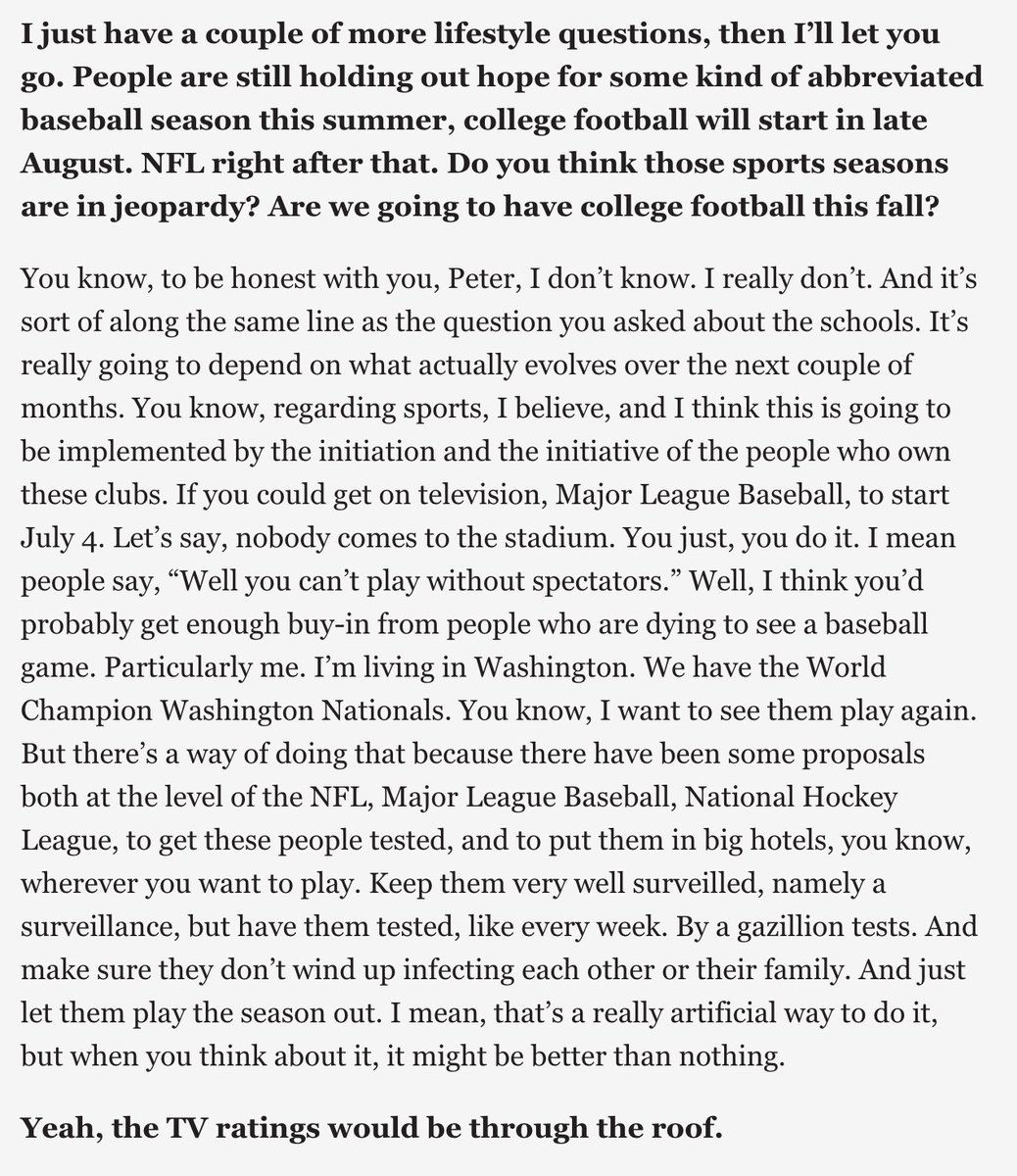11/ Baseball in 2020? Hope so (esp for my son Doug; does Moneyball  @braves). In  @vanityfair intervu  https://bit.ly/2VuZqgE  Fauci addresses it (& lots else). His verdict: Let’s Play ball! Start July 4, sans fans. Economics might be dicey for  @MLB, but would be a huge salve for US