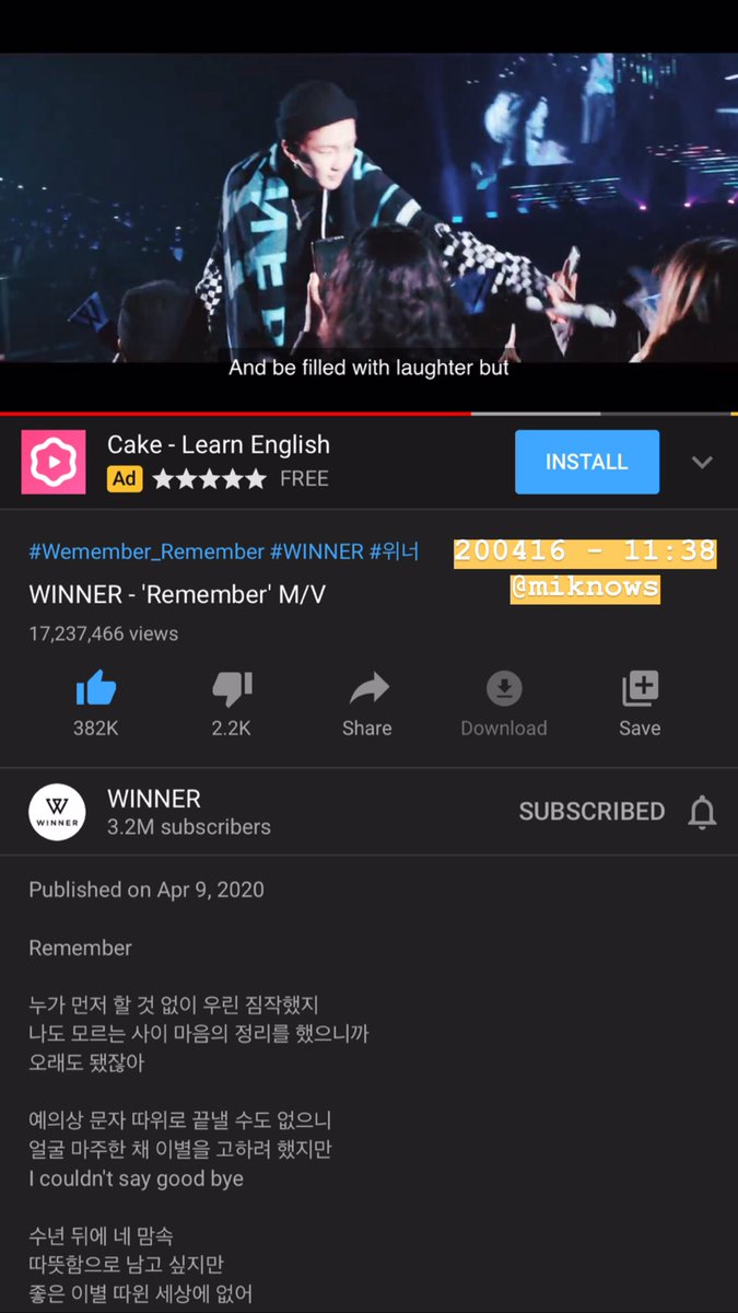 april 16, 2020 - 11:38STREAM REMEMBER!!!!  #REMEMBERWINNER  #위너_오늘발매_잊지말고_리멤버  #WINNER  #위너  @yginnercircle  @yg_winnercity