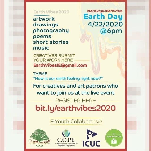 Join the IE Youth Collab’s digital art show @ 6pm via zoom, a safe space for youth 25 and under. #COVID19. Submit your art piece to EarthVibesIE@gmail.com

RSVP for the show here: bit.ly/earthvibes2020 your voice matters!