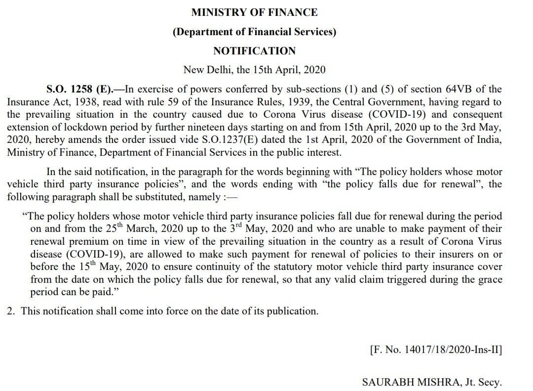 nsitharamanoffc's tweet photo. With a view to mitigate hardship to policyholders whose health &amp; motor (third party) insurance policies are due for renewal during COVID-19 lockdown, Govt. has issued notification allowing policyholders to make payments on or before 15.05.2020 towards renewal of their policies. https://t.co/KauhDvovhf