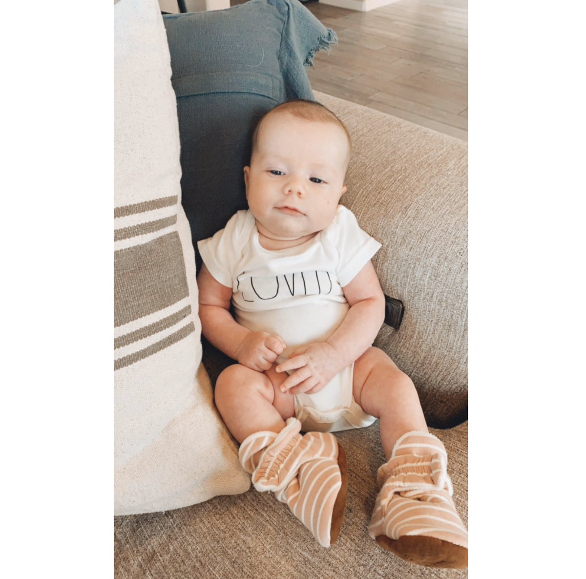 cropop11's tweet photo. This little thing is 8 weeks old today. I can’t decide if it’s been the fastest or the longest 8 weeks of my life. Either way, I’m pretty lucky to be her mama 🥰 (btw, her shirt actually says LOVED, not COVID 🤣 we’re not “those” parents...yet!) https://t.co/k4vKjhGF91