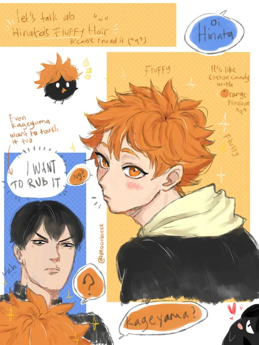 I always wonder how fluffy Hinata's hair is, cos his hair seems so comfy to touch and I want it-
am I have hair fetish on Hinata?
welp,
I think Kageyama want to touch it too lolol
.
#Haikyuu  #HQ  #ハイキュー 