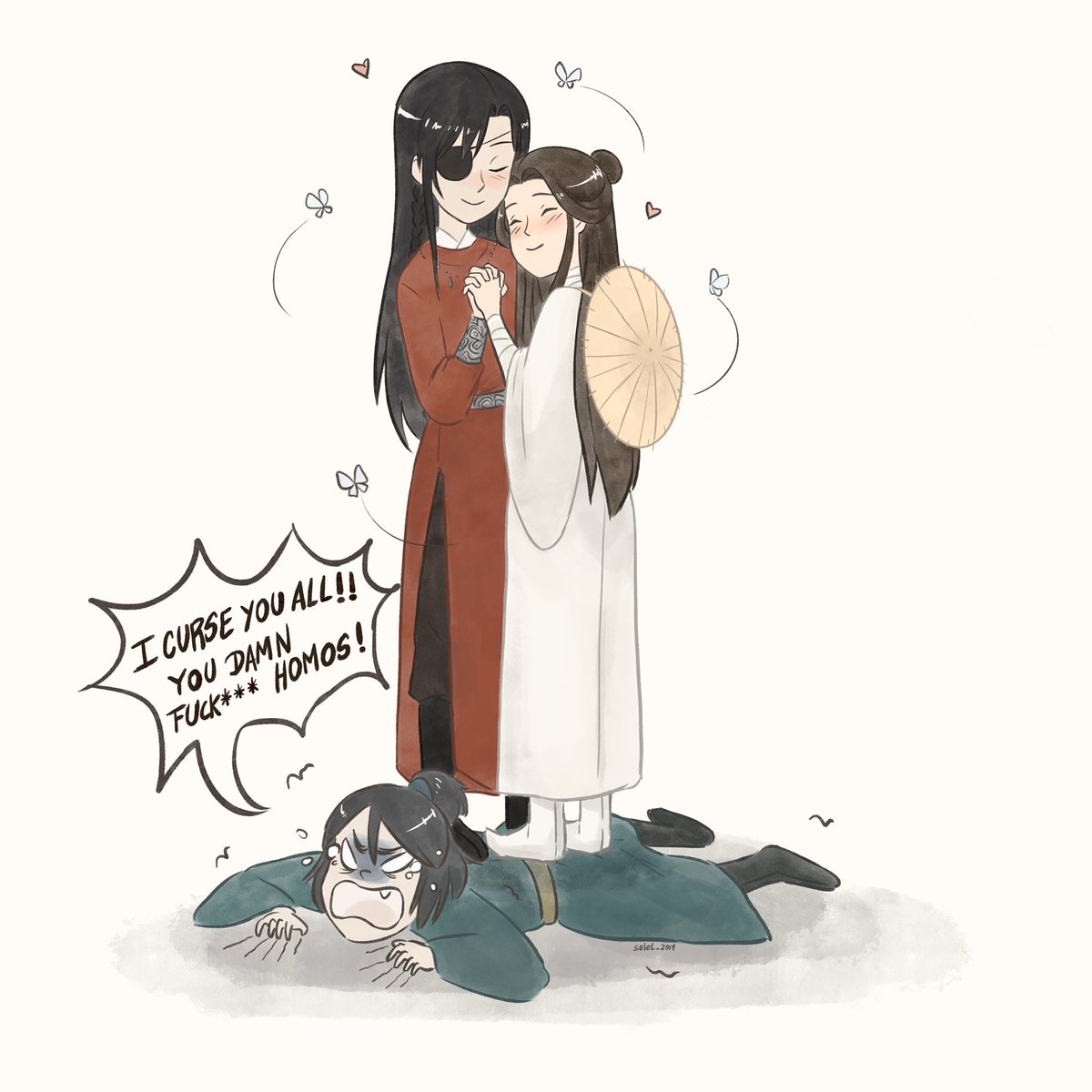 LiaoSelena's tweet photo. Here my first Hualian fanart ❤️ 
I know they enjoy bullying Qi Rong so let them hehe XD 

 #天官赐福 #TianGuanCiFu #TGCF #HeavenOfficialsBlessing #Hualian #XieLian #HuaCheng https://t.co/xpOH43ZIlW