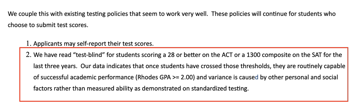 I particularly loved Rhodes - self reported scores for those that report- citing previous practice of reading blind on scores above a threshold (LOVE THIS)This image is from a letter to counselors https://news.rhodes.edu/stories/rhodes-college-adopts-test-optional-admissions-policy