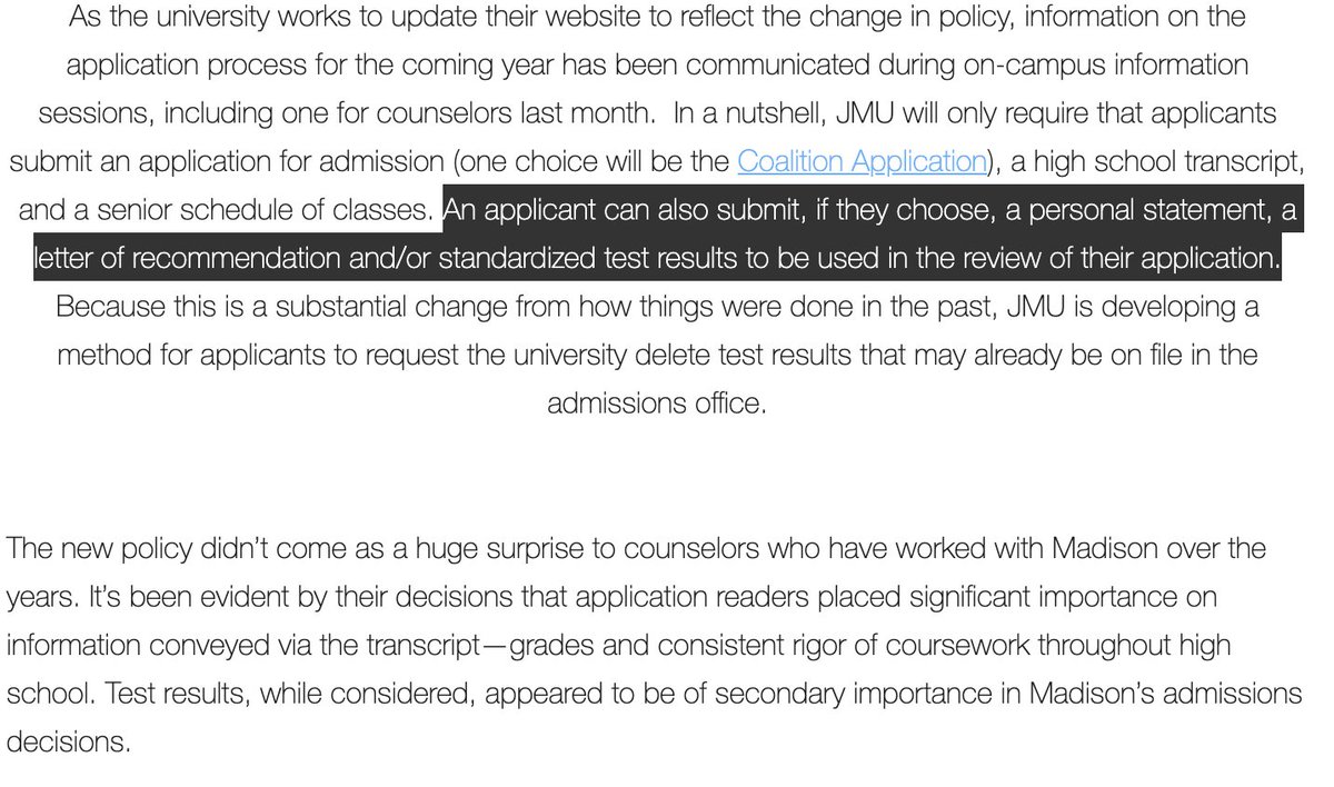 James Madison U's announcement in 2017 also had features that I like: - made it clear that tests paralleled personal statements, letters or rec rather than transcript in importance - pointed out that many parts of applications are optional https://admissions.blog/james-madison-university-goes-test-optional-for-2017-2018/