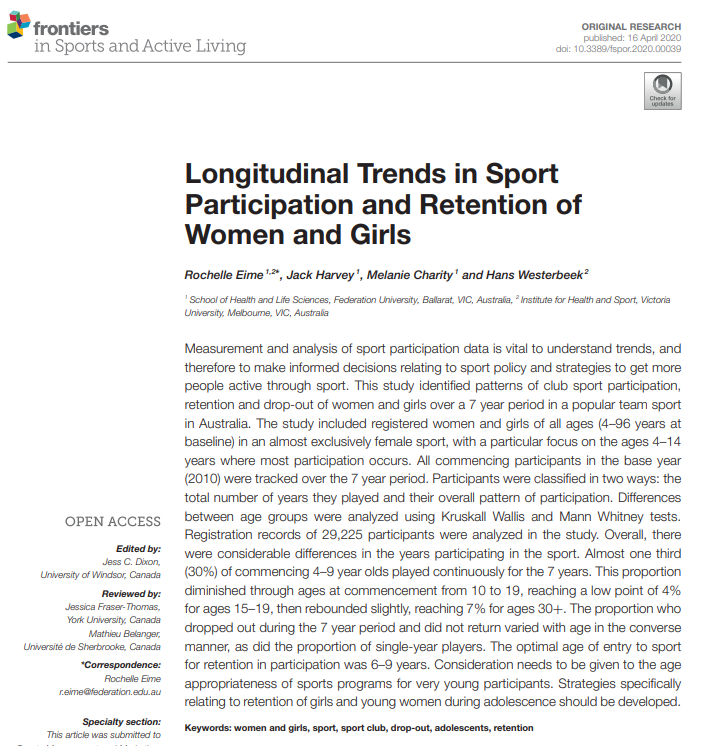 7- year study of retention of women and girls in #sport. Retention of participants is going to be vital for community sport during and after COVID-19 @westerbeekHANS 
Free access: frontiersin.org/articles/10.33…