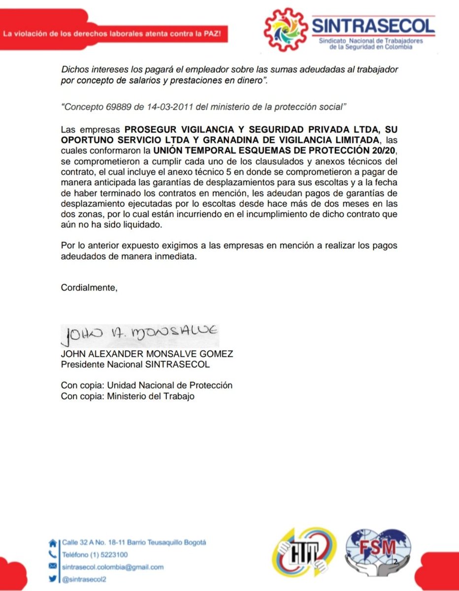 Director <a href="/DanielPalam/">Daniel Palacios</a> los operadores <a href="/Prosegur/">Prosegur Prosegur</a> y S.O.S, no pagan liquidaciones d contrato que terminó el 10 d marzo, además adeudan garantías d desplazamiento ejecutadas hace varios meses, manifiestan no tener dinero, no mas contratación por U.T, <a href="/SuperVigilancia/">Supervigilancia</a> <a href="/MintrabajoCol/">MinTrabajo</a>