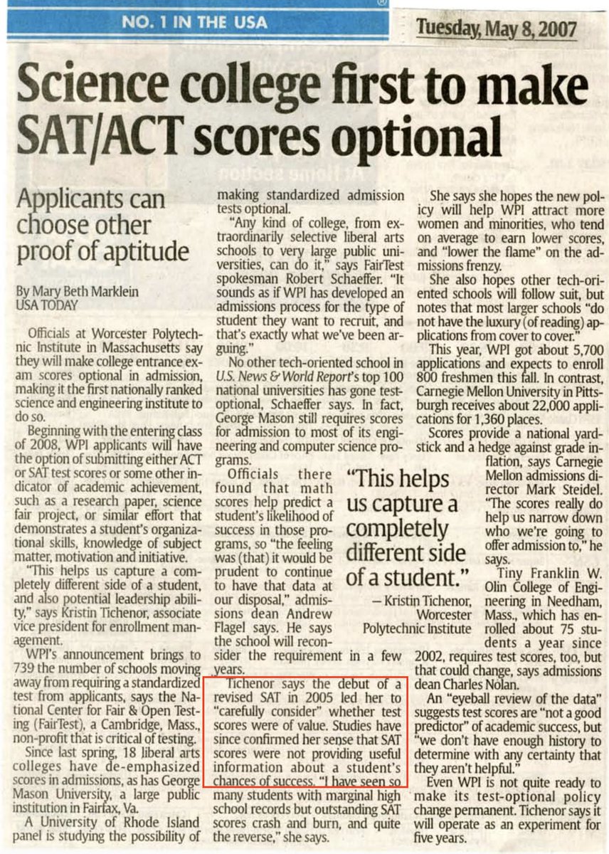 WPI's actually announcement might be lost to history but their advocacy since the announcement is unquestioned. It's worth noting that the revision of the SAT in 2015 helped spark their change. You can learn more about their research and results following  @InsideAdmission