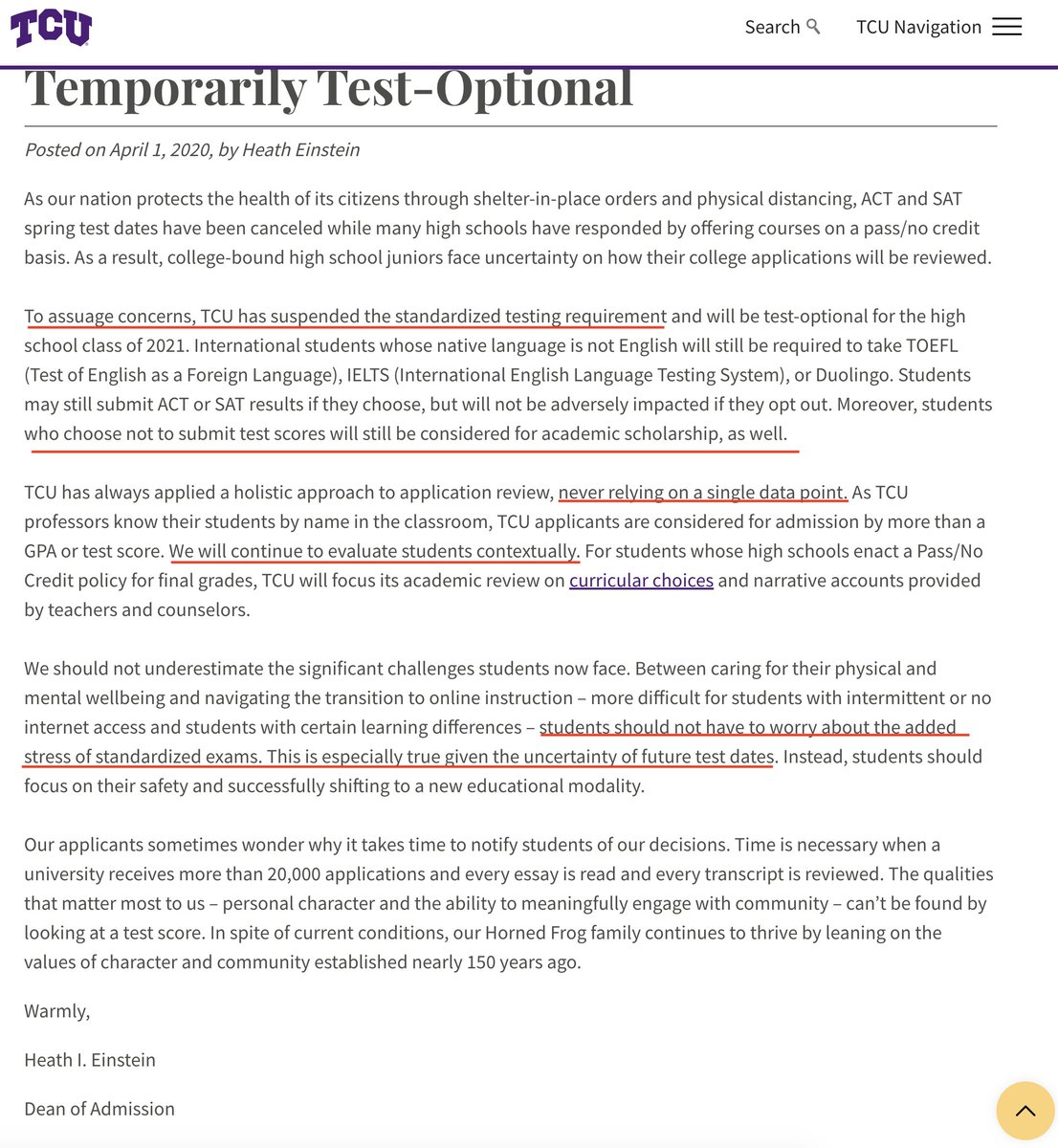 TCU is a temporary announcement but this is so thoughtfully written I wanted to shout out  @HeathEinstein Highlights- admissions is beyond numbers- understanding of student concerns- emphasize school mission