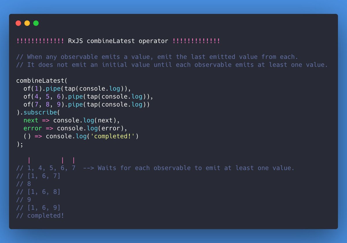 tSamoss's tweet image. 🌟 #RxJS  daily operator 🌟
Today, let&apos;s dive into #combineLatest operator 🧐
👇👇👇👇👇

#Angular #React #reactjs #VueJS