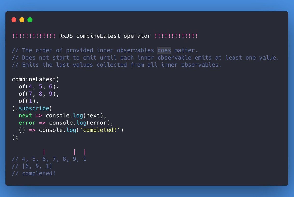 tSamoss's tweet image. 🌟 #RxJS  daily operator 🌟
Today, let&apos;s dive into #combineLatest operator 🧐
👇👇👇👇👇

#Angular #React #reactjs #VueJS