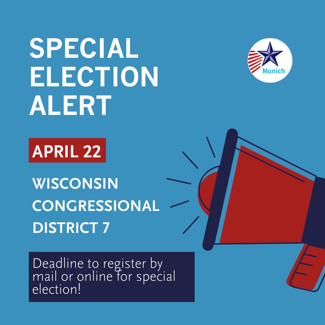 If you or someone you know lives in Wisconsin CD-7, please share this reminder that April 22 is the deadline to register online/by mail in the upcoming special election for state representative. #everyvotecounts #democracy #bluewave #democratsabroad #dumptrump  #voteblue #vote
