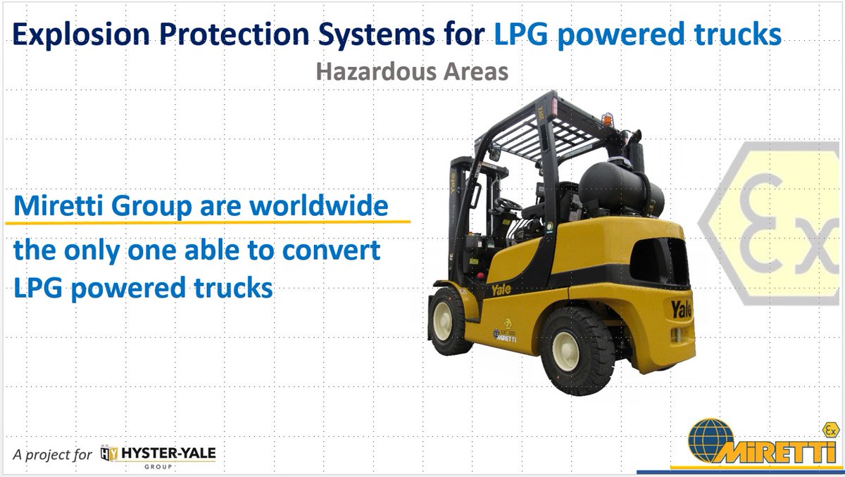 Ex_Protections's tweet image. This is the story of an innovative project worldwide for #Atex hazardous areas: #ExplosionProtection Systems for @HysterEurope and @YaleTrucksON LPG powered trucks. 
If you want, you can read the case story &amp;gt;&amp;gt;&amp;gt; Contact our team and ask for report... Stay Tuned with Miretti Group!