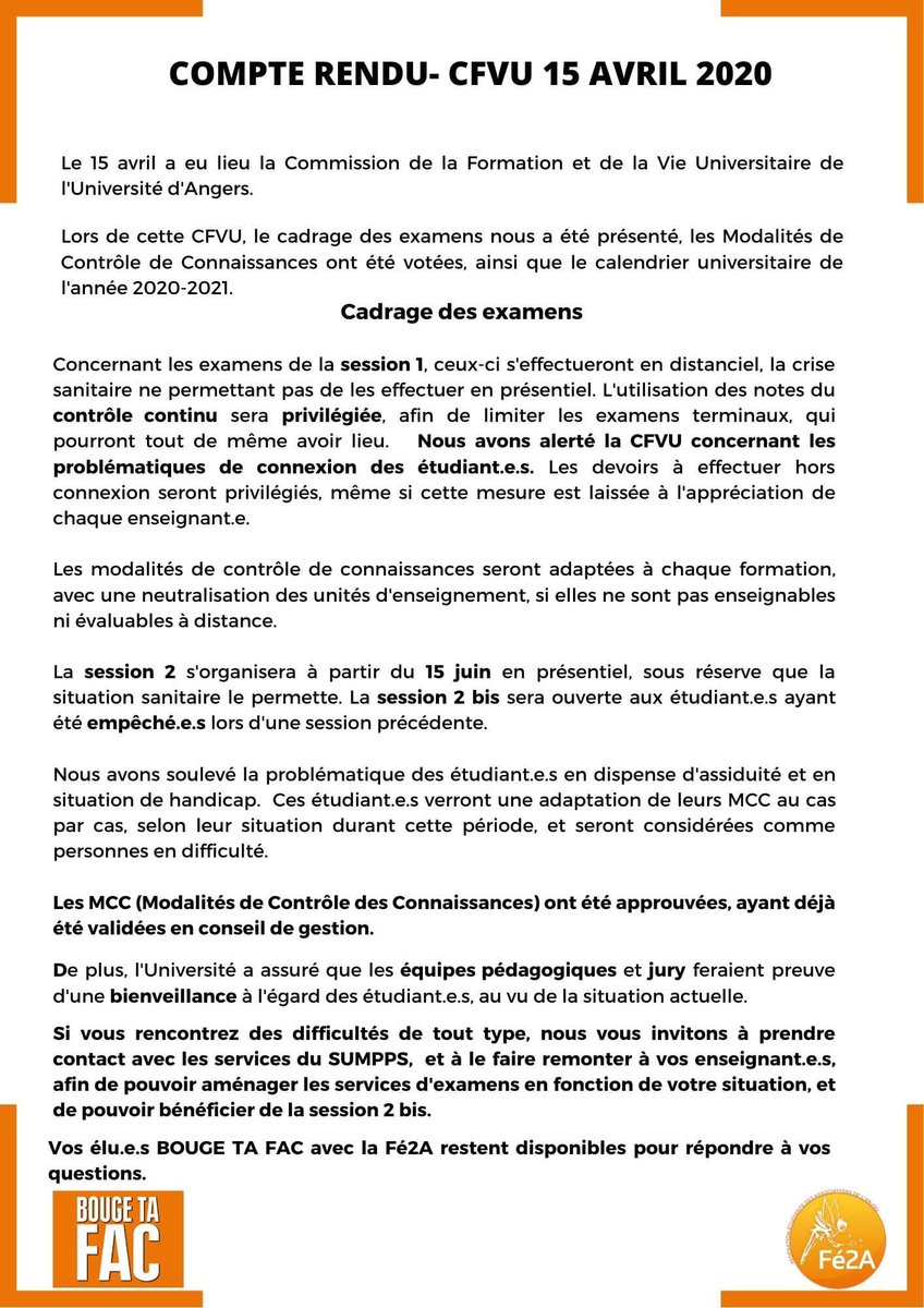 CR - CFVU 15 avril
➡️ Session 1 à distance, favorisation du CC 
➡️ Adaptation des MCC à chacun.e
➡️Session 2 à partir du 15 juin (présentiel sauf si non permis)
➡️Session 2 bis pour les étudiant.e.s empêché.e.s