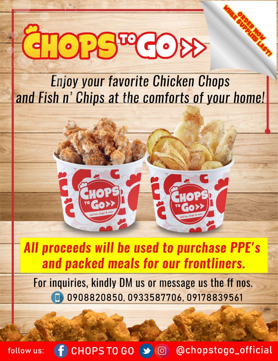 chopstogo's tweet photo. CTG-WE HEAL AS ONE Project 🇵🇭

To help our frontliners in their fight against COVID-19, all profits that we will earn in selling our famous Chops To Go will be used to buy them PPEs and packed meals. 
To know how to avail our products, please check our social media posts. https://t.co/fbVbVkAapK