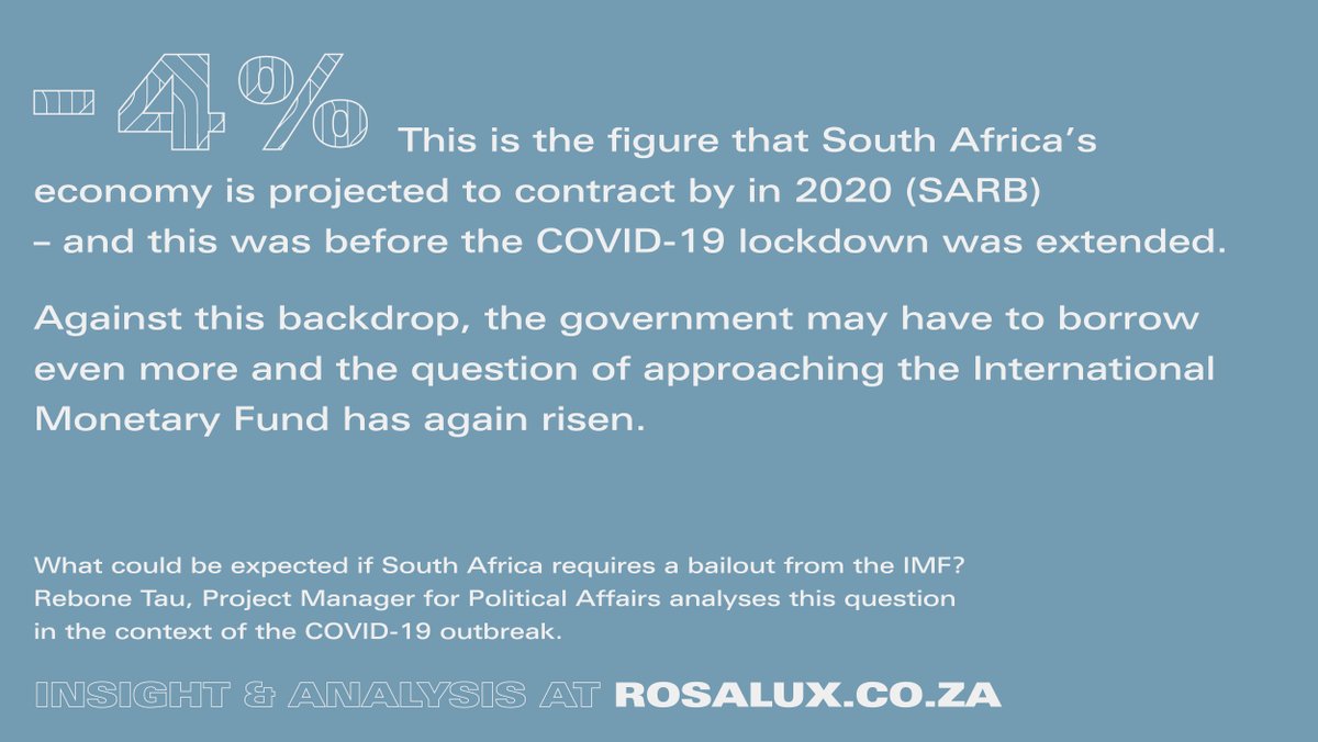 -4% = The pre-COVID-19 figure <a href="/SAReserveBank/">SA Reserve Bank</a> expects #SouthAfrica's economy to contract by in 2020. 
Rebone Tau analyses the question of an IMF bailout in the context of #COVID19. rosalux.co.za/publication/so…