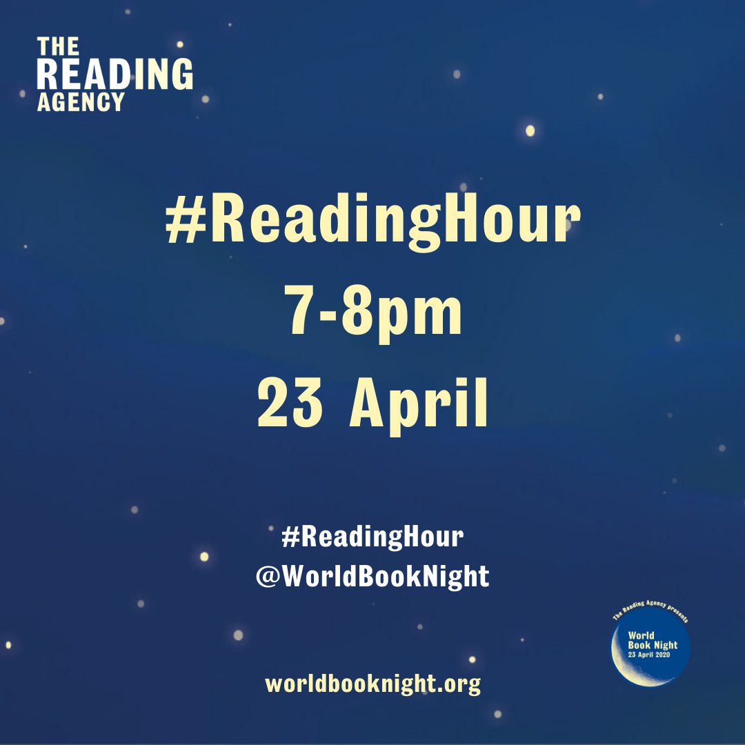 readingagency's tweet photo. Can you believe that #WorldBookNight is in one week? Everyone is invited to join us for #ReadingHour at 7pm on 23 April. Read alone, with or to other people, or talk to someone about books. You can do anything as long as it's about reading! @WorldBookNight https://t.co/K0IpdRunJd