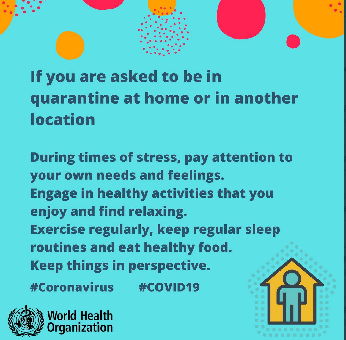 Being in a quarantine at home or in another facility due to #Coronavirus can be mentally taxing. The <a href="/WHO/">World Health Organization (WHO)</a> advises that you pay attention to your #mentalhealth by being alert to your needs &amp; feelings &amp; exercising regularly. <a href="/MOH_Kenya/">Ministry of Health</a> <a href="/MoICTKenya/">Ministry of Info, Comms & The Digital Economy KE</a> @CADirectorGen <a href="/WanjauMercy/">Mercy Wanjau, EGH</a>