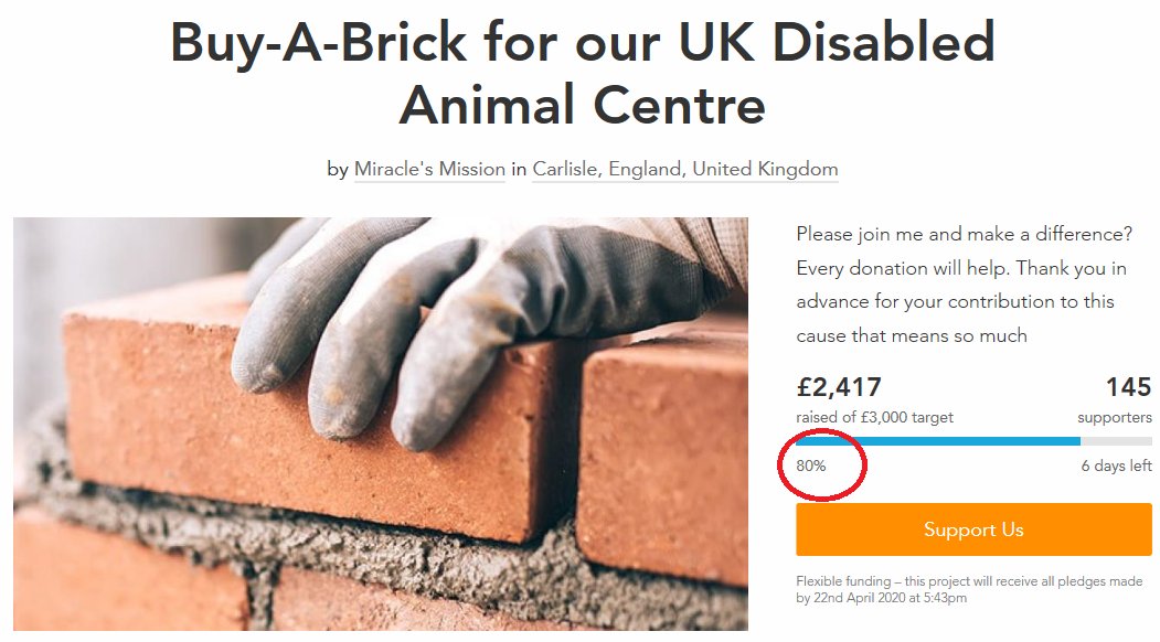 Protect_Wldlife's tweet photo. We are at 80%! Please help us reach out target this weekend. EVERY brick bought is a HUGE help.

One brick costs just £3 (the cost of a coffee!). YOU can help build the UK's FIRST centre for disabled animals.

Please donate at https://t.co/kabvxjFaZy

#AnimalRescue  #Dogs #Cats https://t.co/ANCyLyCUs3