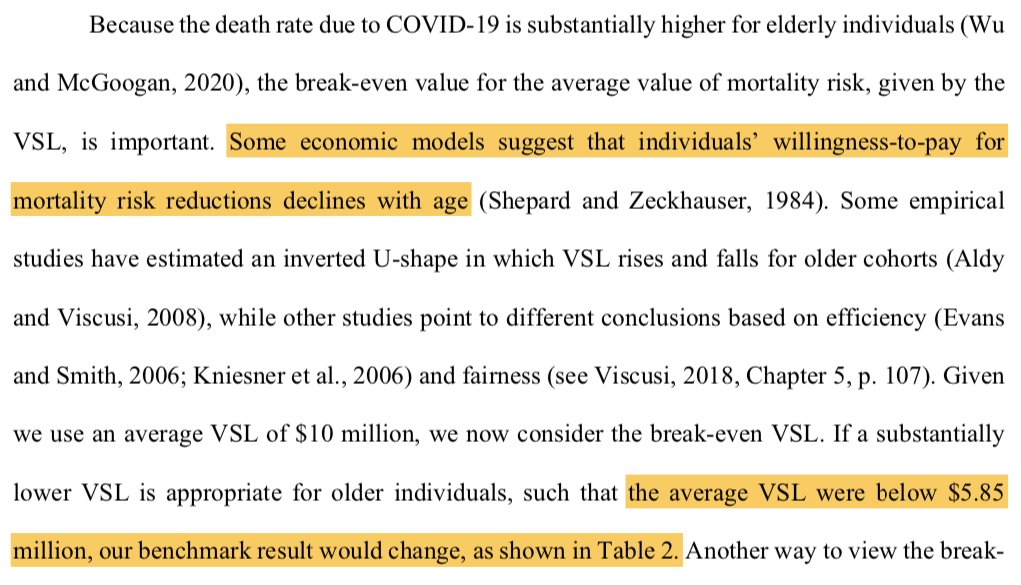 Finally, given that most corona victims are old, it is worth considering whether $10 million per VSL is correct. Indeed, if value of saved life is less than $5.85m, social distancing leads to worse outcome