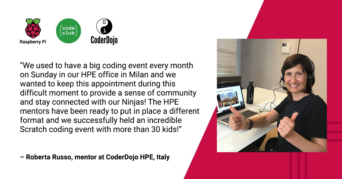 CoderDojo's tweet image. Volunteers around the world are adapting to change, and trying out new ways of connecting and learning with their clubs 💜
Roberta, from Milan, has been running online sessions for her Dojo. Share what your Dojo is doing and we'll give you a shoutout! 🤩
#CoderDojoStories