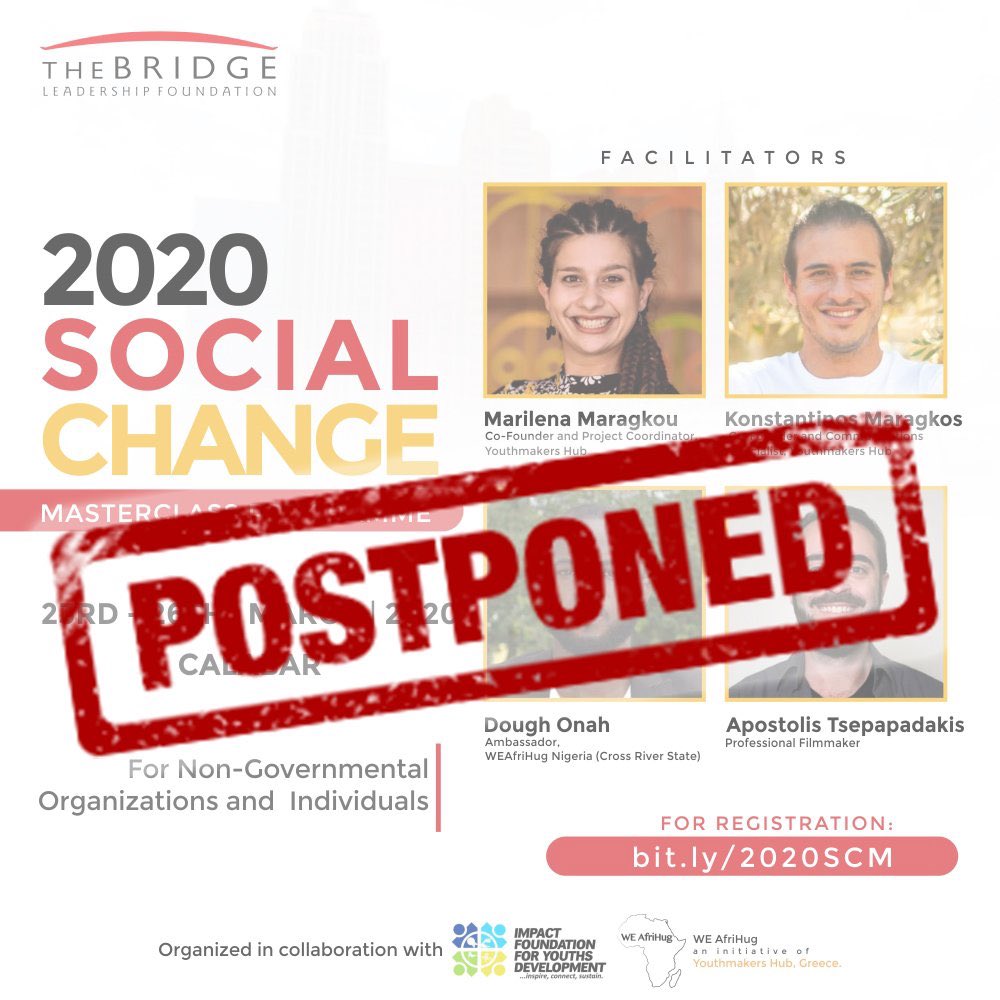 impactworldteam's tweet photo. Link will be shared with registered participants only.
Thanks to our highly adaptive and collaborating teams of @weafrihug, and @TBLFoundation are glad to finally conduct the 2020 Social Change Masterclass Programme online.
#TBLF #SocialChange2020 #WEAfriHug #impactworldteam https://t.co/ws5hoDKtmK
