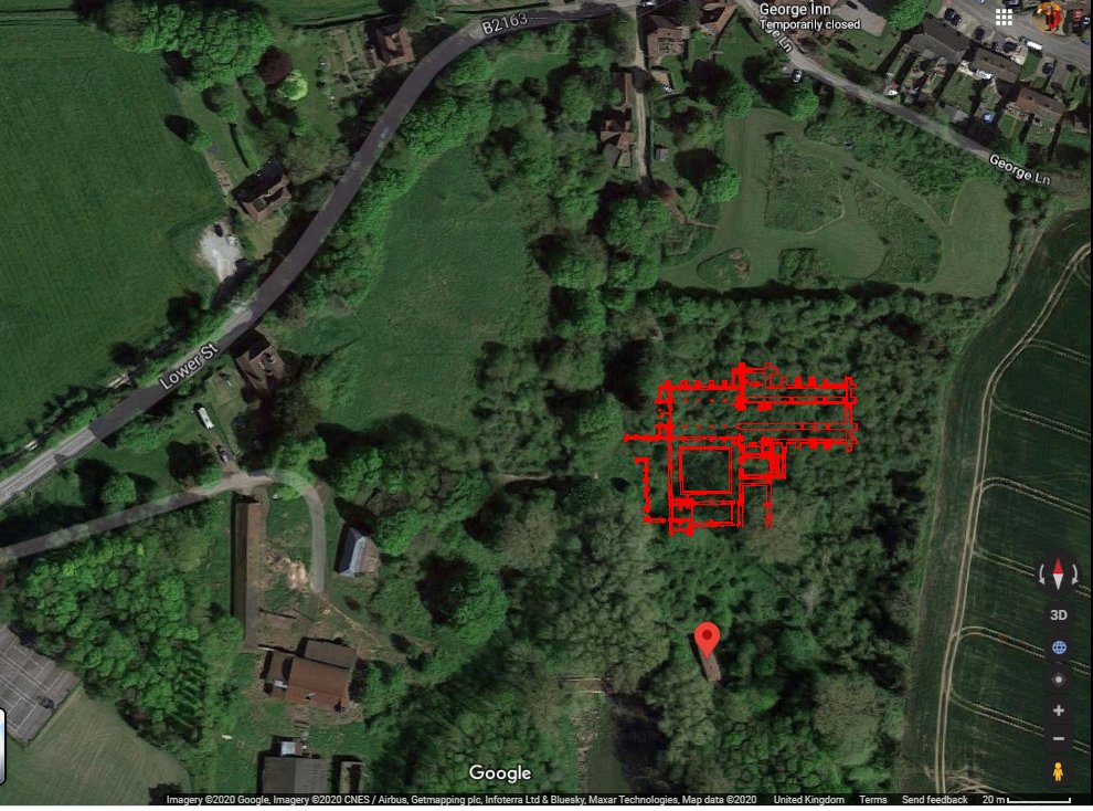 Leeds (Kent!) Priory was an Austin House founded 1119 and grossed £435 in 1535 which puts it in top 5th of houses: similar to Austins at Carlisle Cathedral Priory.As it's wooded, exact site is impossible but this is perfectly scaled (marker on the extant "slype" S of the site)