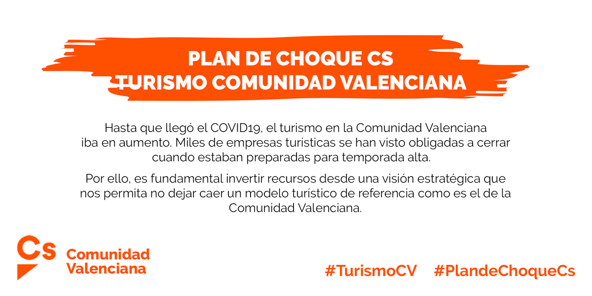 CsCValenciana's tweet photo. ‼️🏖️ El turismo es un sector clave en la Comunidad Valenciana, muchos empleos dependen de él. Representa el 14% de nuestro PIB
➡️ Necesitamos una reacción contundente para apoyar al #TurismoCV en la crisis del #COVID19
👇🏻 Por ello, presentamos un #PlandeChoqueCs. ¡Sigue el hilo! https://t.co/LIAbeTdhuQ