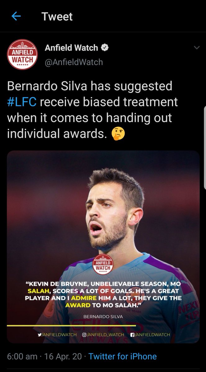 2.And gains/losses from these online aggregators.The recent comments made by  @BernardoCSilva that " #LFC receive biased treatment when it comes to handing out individual awards"As quoted from the  @AnfieldWatch page and this fan page is where it all started 3 weeks ago.