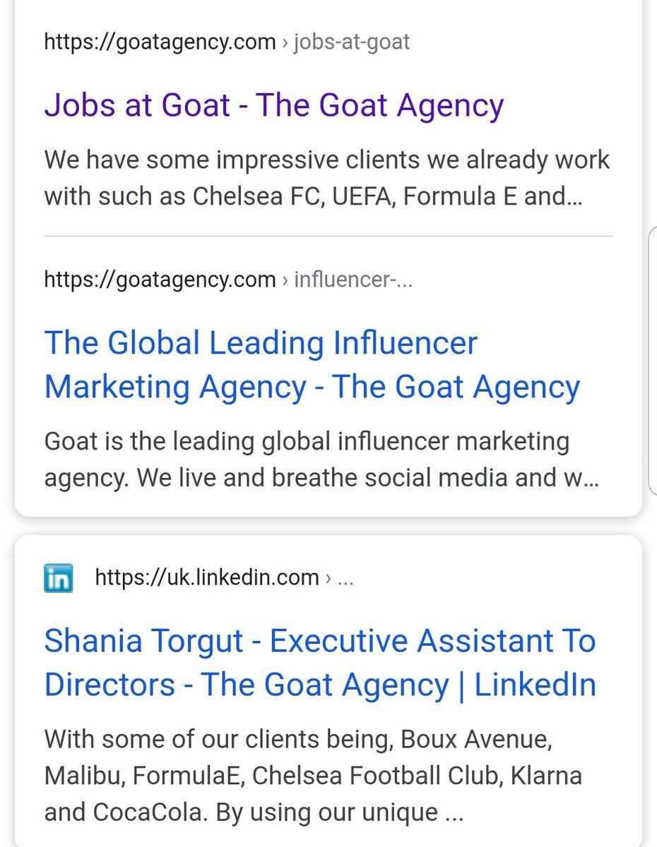 6.Liverpool isn't the only Premier League team these "kids" from GOAT have worked with.Step forward  @ChelseaFC who have also been doing their bit of social manipulation.Left - Search has Chelsea and Uefa as clients.Right -  @TheGoatAgency follows.
