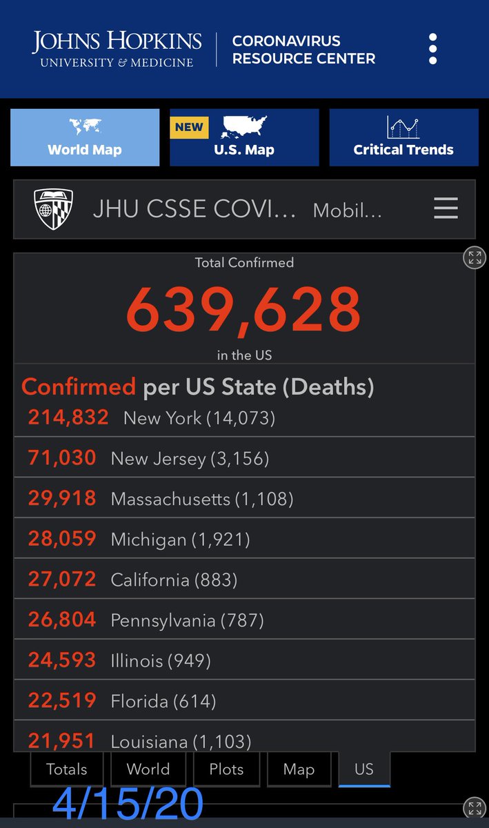 4/15/20 https://coronavirus.jhu.edu/map.html 