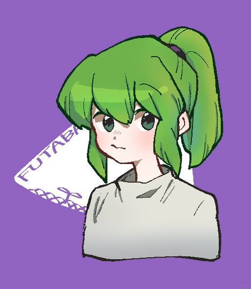 igarashi futaba (shiromanta) 1girl green hair solo ponytail green eyes medium hair purple background  illustration images