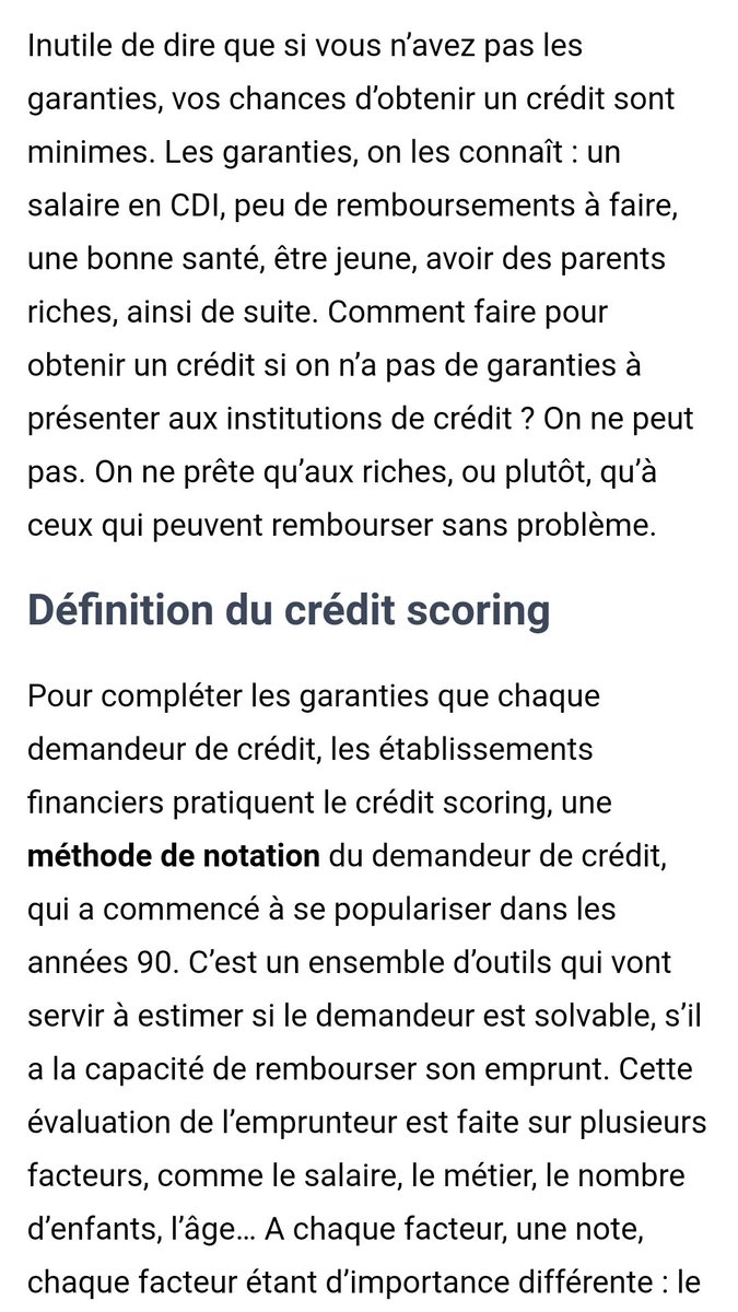 Au passage, la classification de l'emprunteur en fonction de sa capacité de remboursement, connue sous le nom de "credit scoring", exacerbe fortement les inégalités de richesse : plus t'es riche et plus tu peux emprunter, et plus bas sera le taux.C'est une logique de classe !