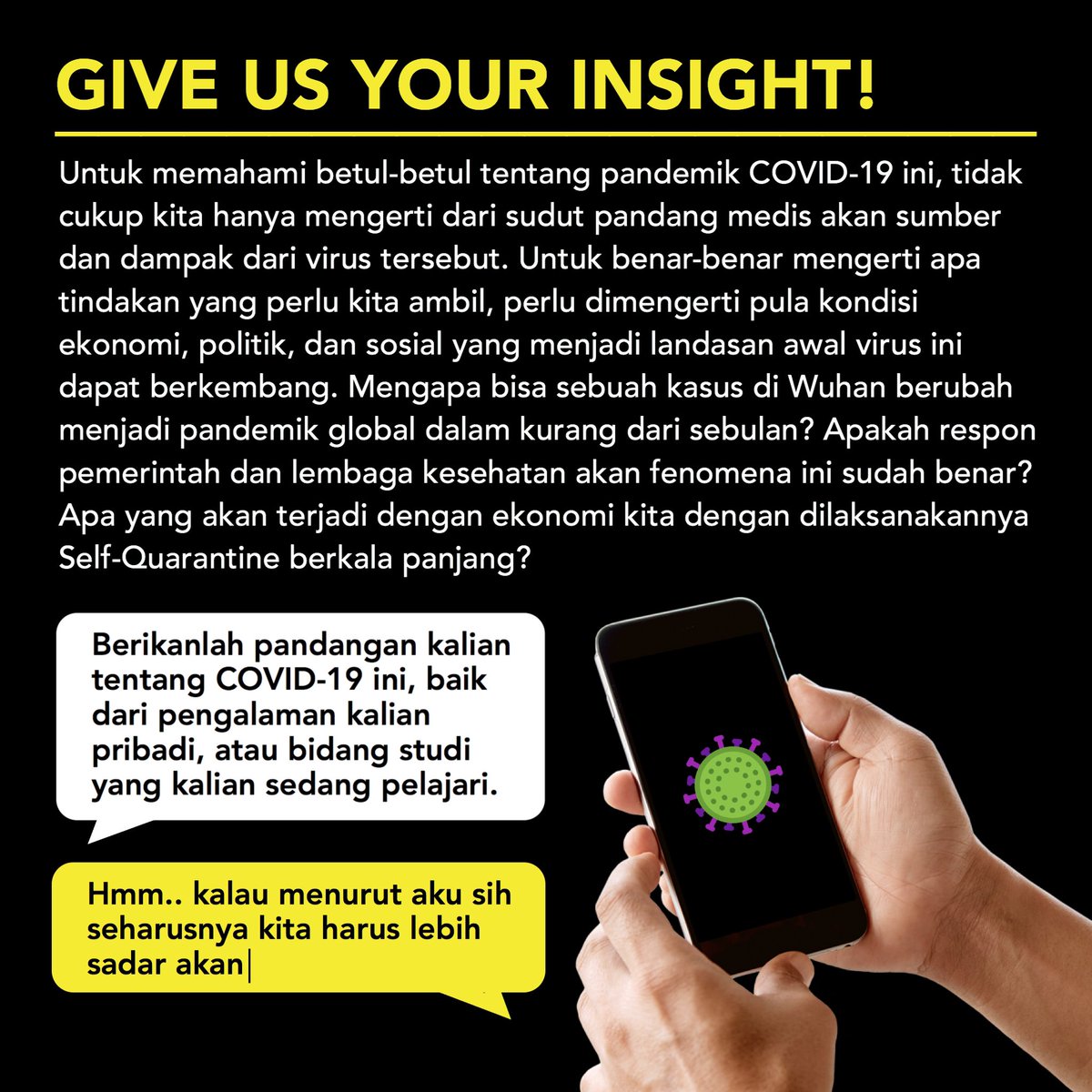 setudiodelapan's tweet photo. Sudah 3 bulan Covid-19 merajalela. Pasti kalian udah muak kan dengan quarantine? Nah, kira-kira gimana caranya ya biar pandemik ini bisa tuntas? Untuk mendapatkan jawaban itu, pertama kita harus mengerti lebih tentang wabah ini. Ayo berikan ilmu dan pandangamu!
#Studio8Cov https://t.co/Fz9mwLuRVB