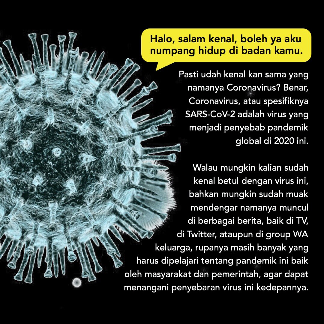 setudiodelapan's tweet photo. Sudah 3 bulan Covid-19 merajalela. Pasti kalian udah muak kan dengan quarantine? Nah, kira-kira gimana caranya ya biar pandemik ini bisa tuntas? Untuk mendapatkan jawaban itu, pertama kita harus mengerti lebih tentang wabah ini. Ayo berikan ilmu dan pandangamu!
#Studio8Cov https://t.co/Fz9mwLuRVB