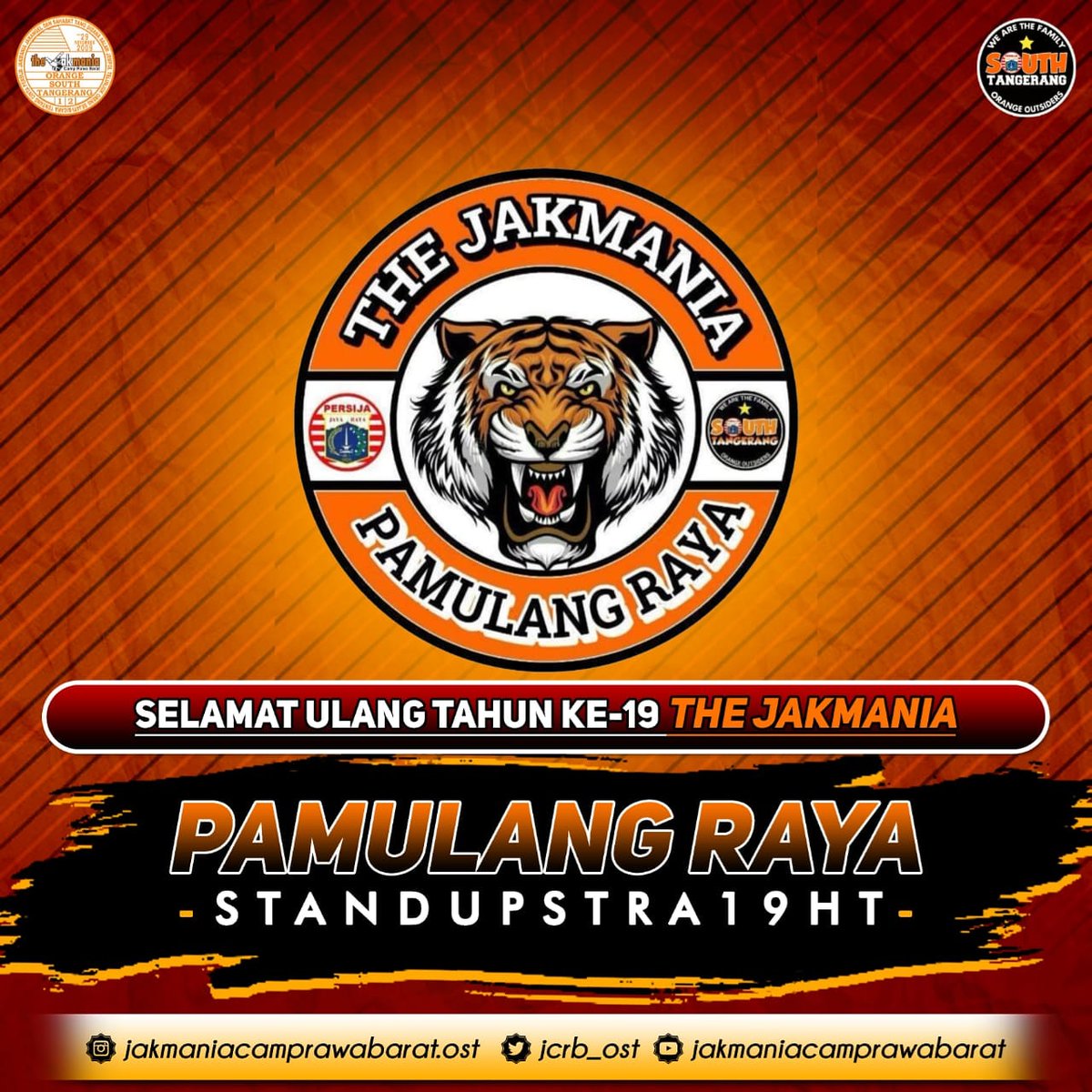 JCRB_OST's tweet photo. Selamat hari jadi dan menua @o.s.t_pamulangraya
Semoga makin solid, kompak, militan, jaya raya selalu disetiap liniii...πππ
.
.
.
@JCRB_OST
@OSTSquad28.
.
#orangesouthtangerang
#JOB23
#tigerborder #jakartaglory https://t.co/6wDBonBnK1