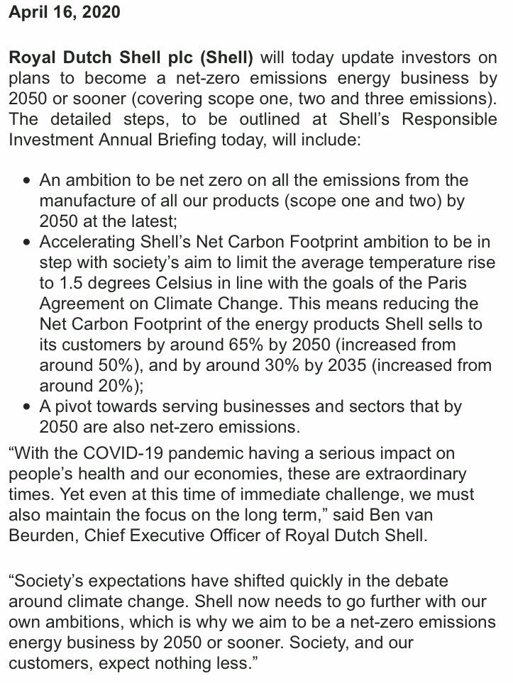 Proving climate change still is on the agenda for Big Oil... Shell announces new plans to be a “net zero” business.Different approach from BP on Scope 3 emissions... details as follows...